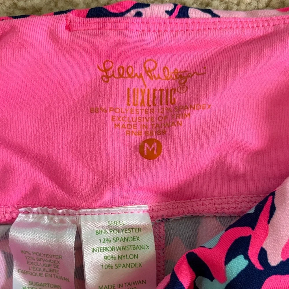 Lilly Pulitzer Neon Pink Luxeletic Capri Leggings with Navy & Aqua Print - Picture 2 of 4